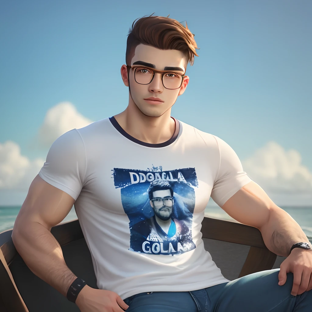 Homem loiro de cabelo curto, camiseta azul de gola comprida (dobrada) medium muscles, Round Eyewear (escuros e pequnos), Denim Jeans Pants, jomem branco e jovem (28 anos)