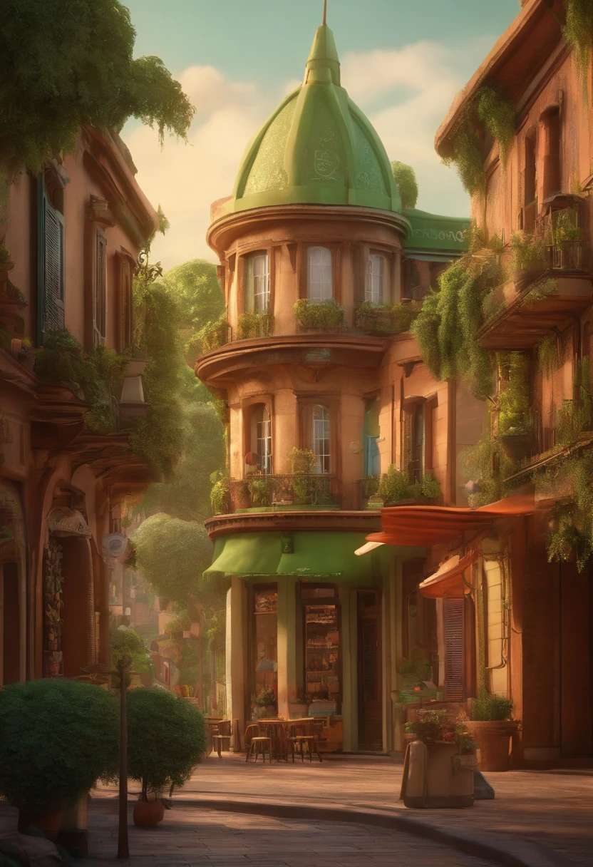 Desenho em estilo 3D da Pixar de uma sorveteria com o nome Las'Paletas Brasil, com cores verde, marrom e creme no centro da cidade.