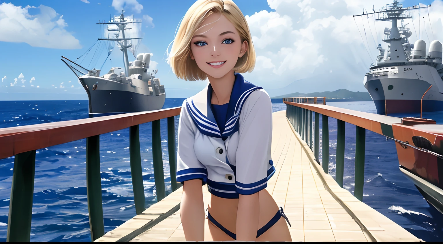 {{Masterpiece, Best Quality, extremely detailed CGI, Unity 8k壁纸, Cinematic lighting, }}, Sony α7, Wide Frame, South Pacific, during the war with the Asian powers, the wind, blowing on the ship Aegis, 1 girl, full - body, Smile, she is a U.S. Navy sailor, caucasian, 20years old, Smile, blonde hair, short bob, blue eyes , long eyelashes ,