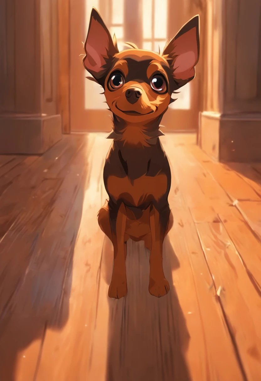 There's a small dog standing on a wooden floor looking up, breed russian brown toy terrier, small dog, Dog cute, staring directly at camera, Looking towards the camera, looking defiantly at the camera, staring directly at camera, !! looking at the camera!!, looks into the camera, olhar curioso, is looking at the camera, Dachshund, Chihuahua