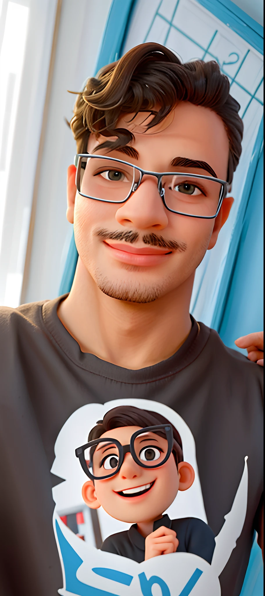 Estilo pixar, A man in gray-framed glasses and a black blouse, cabelos ondulados penteados para a esquerda com fios caindo sobre a testa, um risco na sobrnacelha esquerda, uma cicatriz de 4 centimetros entre o olho e a sobrancelha esquerda, olhos castanhos claros, em torno de 19 a 25 anos, leve sorriso nerd, imagem de qualidade alta