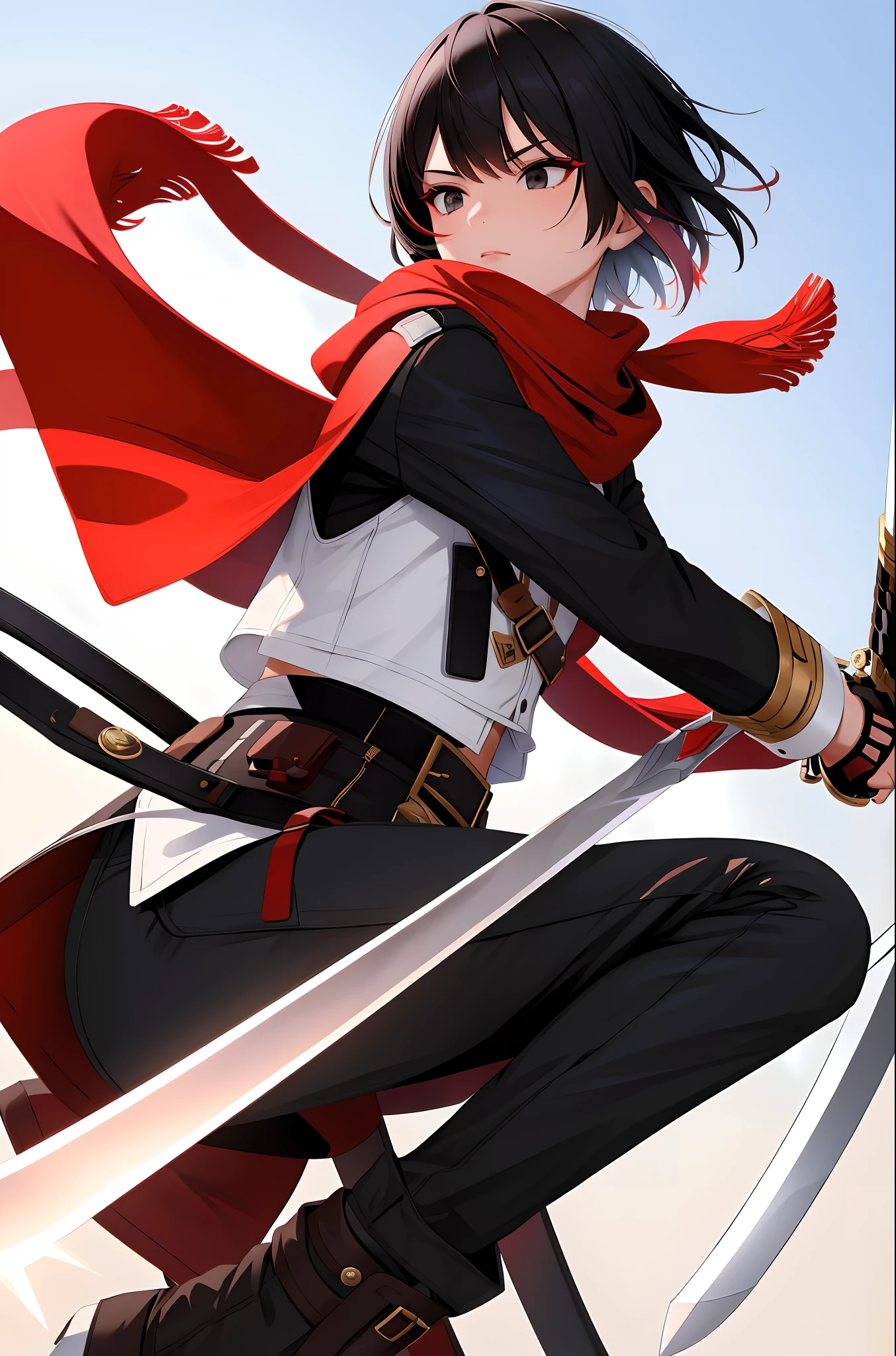 Boy with black wair with side parted short hairstyle, hair down, little fringe. And The short boxed beard. masterpiece, best quality, highres, short hair, black eyes, scarf, emblem, belt, thigh strap, red scarf, white pants, brown jacket, long sleeves, holding weapon, sword, dual wielding, three-dimensional maneuver gear, fighting stance, sky.