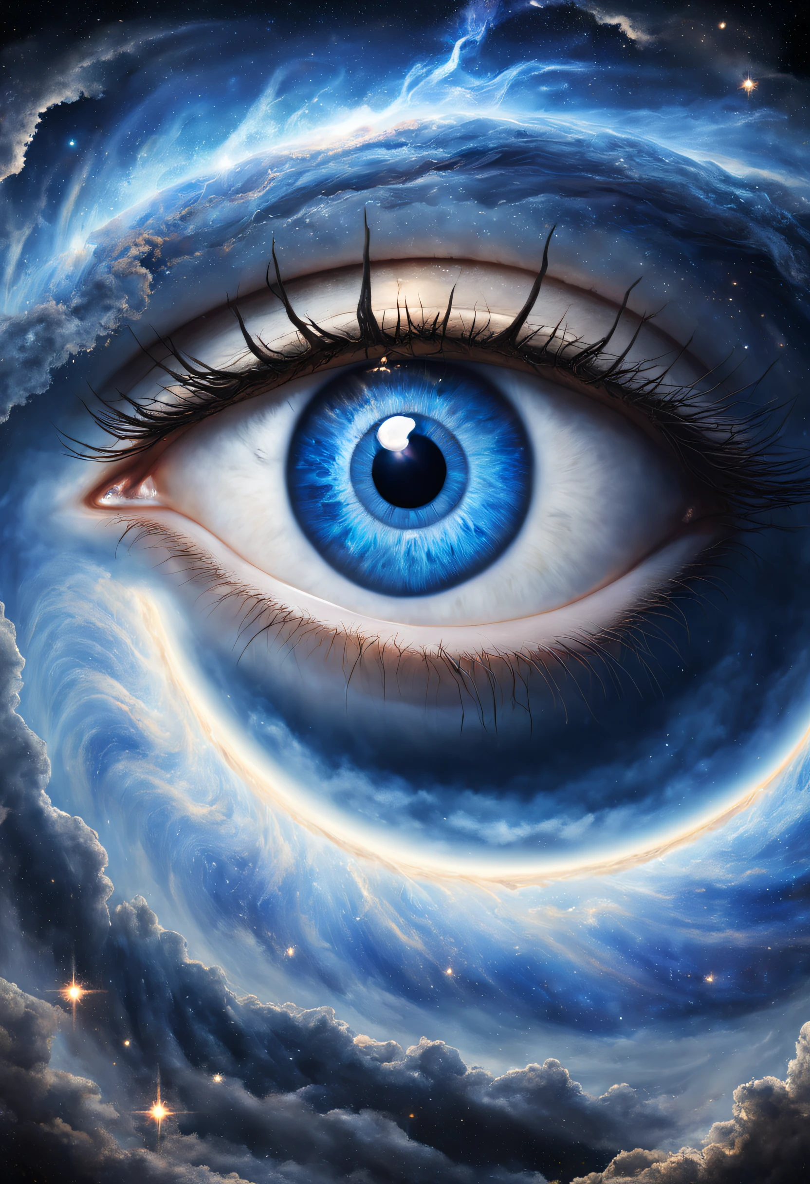 There is a picture of blue eyes，There is a spiral around it, Portrait of a mystical giant eye, the eye of the universe, The Eye of God, mystic eye, Eye of God Ra, Milky Way in the eyes, giant eye magic spell, Eye of the Gods, mystical third eye, Eye of the storm, many eyes in space, White cyclops portrait in the sky