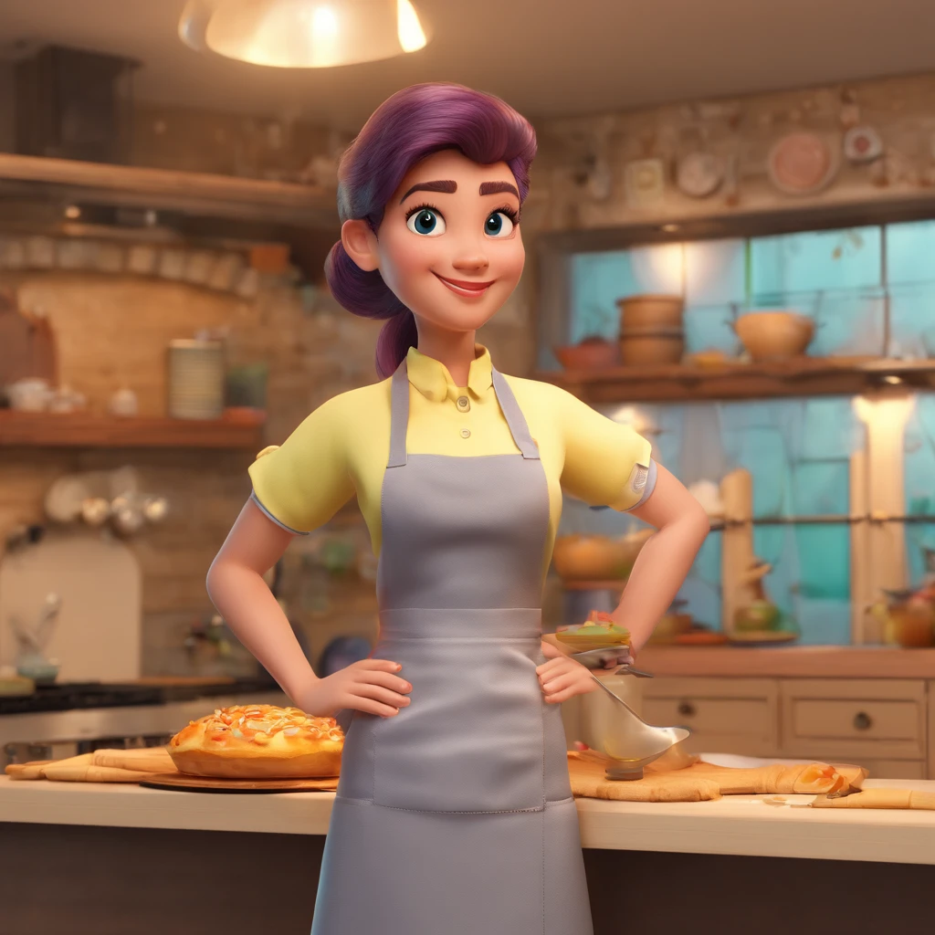 Crie uma cena de desenho animado  estilo 3d -Pixar, Onde uma mulher, de cabelos curtos, enrolado, ruivo, com 24 anos de idade, She's cooking dressed as a pastry chef.