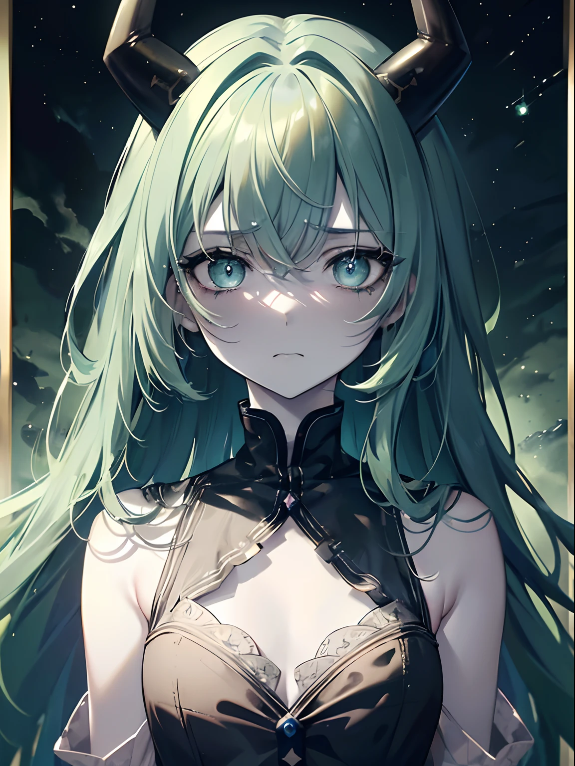 (masterpiece,best quality,ultra-detailed),1girl, green hair,intense colored hair,shadow hair,blue hair,(pale skin),horns,beautiful and detailed face, detailed eyes,looking at viewer,small chest,((grey theme),((depression, sadness, melancholy)),tired expression,sad,starry sky