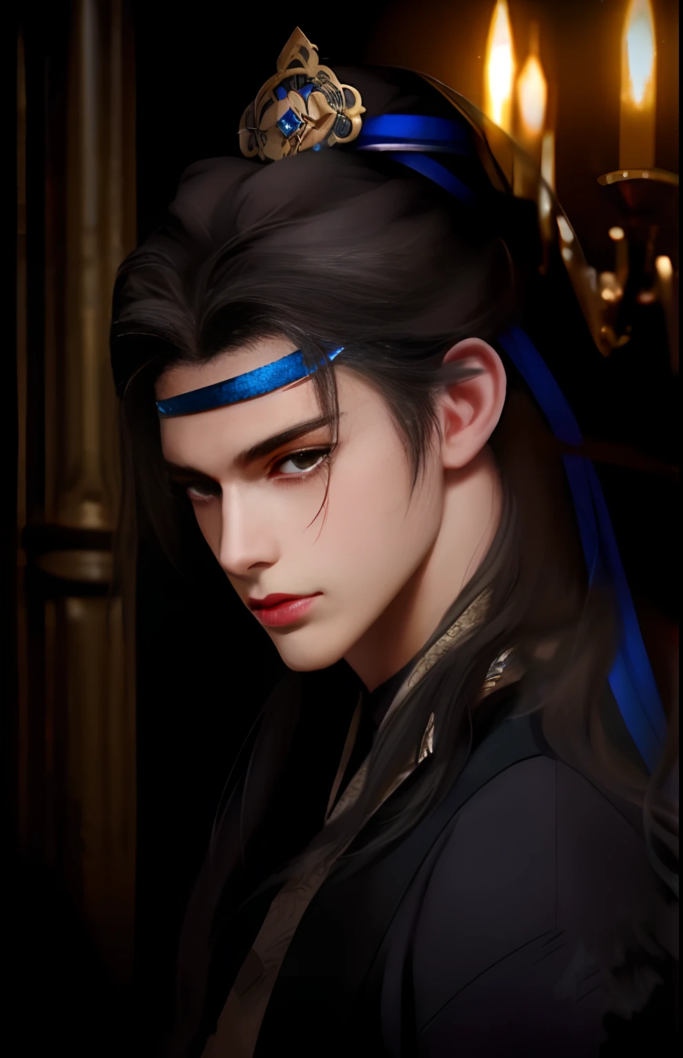 a close up of a person with a crown on their head, heise jinyao, beautiful androgynous prince, inspired by Zhang Han, delicate androgynous prince, handsome guy in demon slayer art, cai xukun, inspired by Guan Daosheng, xianxia hero, inspired by Zhao Yuan, by Yang J, xianxia