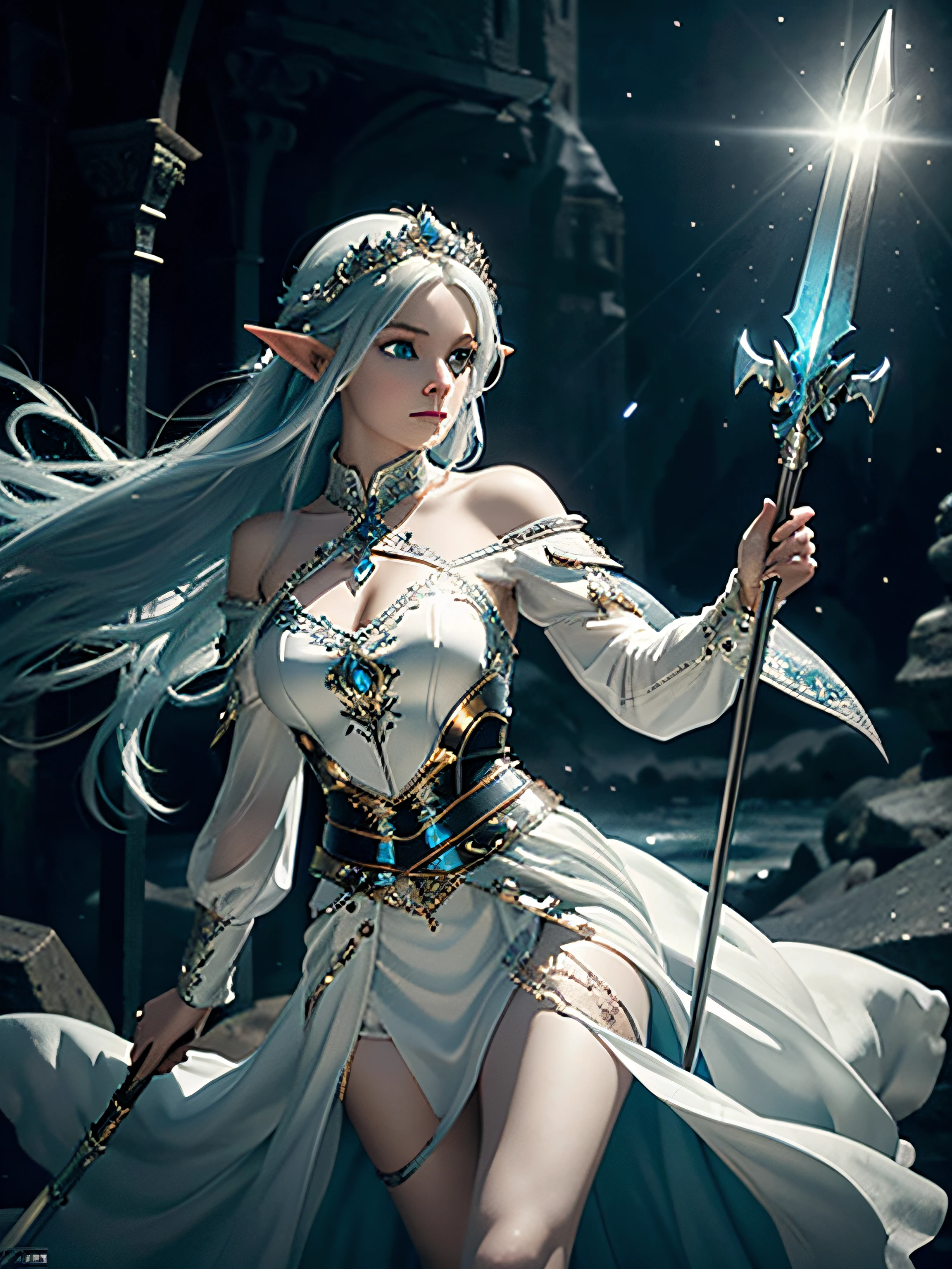 elf, Blue-eyed girl, Very long hair below the waist, pixie, A  girl, a goddess, Goddess of Magic, White long hair, Cyan eyes, Youthful appearance, Attractive cute appearance, Short clothes with metal embellishments, Battle Dress, White dress with black embellishments, Divine Dress, open shoulders, Long wide sleeves, open thighs, Boots with decorations, Mini Dress, dress with metal, white eyelashes, Beautiful Magic Open Dress, design, polearm, Magic Spear, ice, Magic, Fantasy, Medieval times, Stone Dark Room, darkness, beautiful look, Emotionless face, Severity, Cold, Cold lighting, in full height, in a dancing pose, water, Beautiful elf, warm lighting