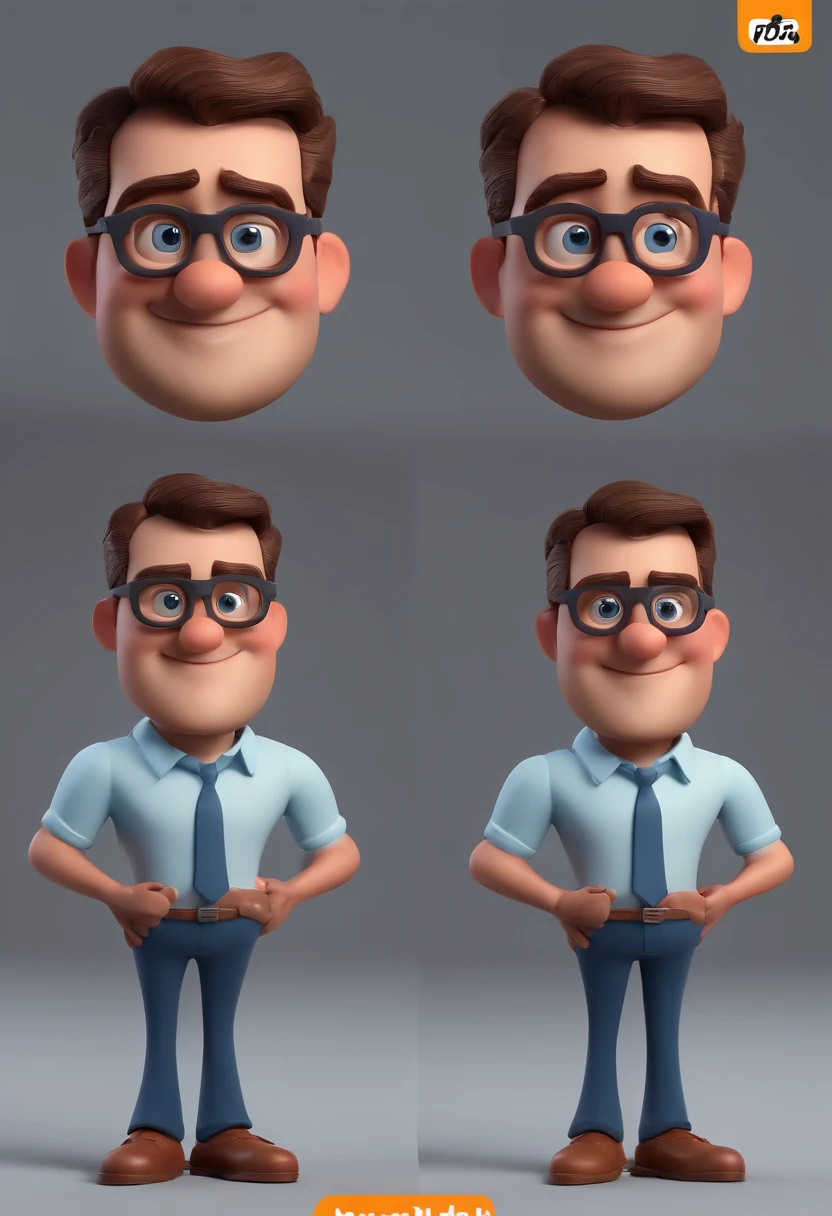 Cartoon character of a man with blue glasses and a grey shirt, animation character, Caractere estilizado, animation style rendering, 3D estilizado, Arnold Maya render, 3 d render stylized, toon render keyshot, Personagem 3D, Personagem 3D, 3d rendering stylized, 3 d character render, personagem de desenho animado, Personagem de close up, Pose de personagem, (Estilo Pixar) (master part:1.2) (Bokeh) (best quality) (pele detalhada) (textura detalhada) (8k) (argila) (Cinematic lighting) (foco nítido