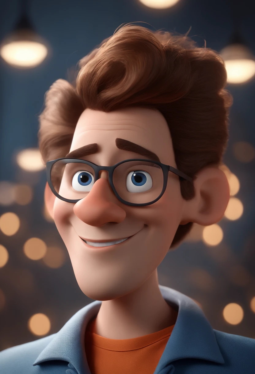 Cartoon character of a man with blue glasses and a grey shirt, animation character, Caractere estilizado, animation style rendering, 3D estilizado, Arnold Maya render, 3 d render stylized, toon render keyshot, Personagem 3D, Personagem 3D, 3d rendering stylized, 3 d character render, personagem de desenho animado, Personagem de close up, Pose de personagem, (Estilo Pixar) (master part:1.2) (Bokeh) (best quality) (pele detalhada) (textura detalhada) (8k) (argila) (Cinematic lighting) (foco nítido