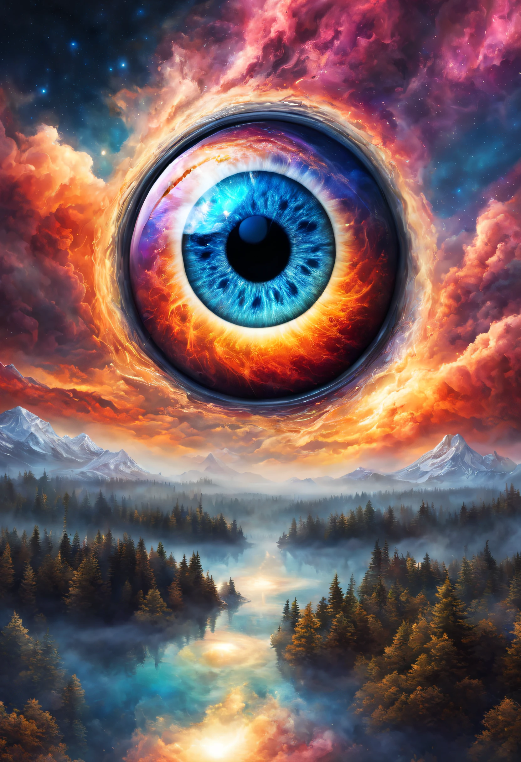 (Solo) Incredibly spectacular clouds,A huge eye,Portrait of a mystical giant eye, the eye of the universe, The Eye of God, mystic eye, eyelash,eyeballs,collofull eyes,Emergency scene in a cosmic cloud, Fractal Nebula Chain, cosmic, Celestial, cosmic, A vibrant and vivid entity, whirly, Spinning, unreal, High contrast, Symbolism, magical, mistic, mistic, Hyper-realistic, Supersaturation, Colorful, 8K