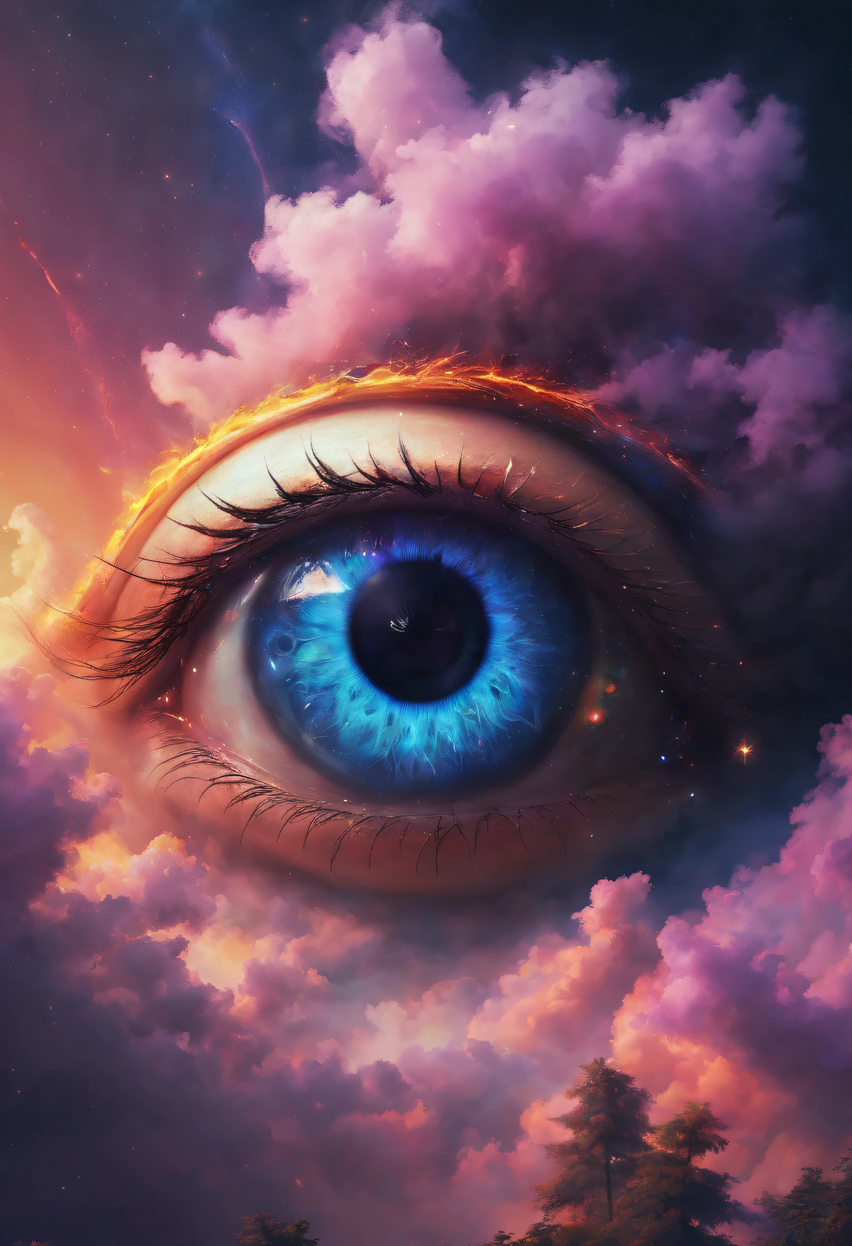(Solo) Incredibly spectacular clouds,A huge eye,Portrait of a mystical giant eye, the eye of the universe, The Eye of God, mystic eye, eyelash,eyeballs,collofull eyes,Emergency scene in a cosmic cloud, Fractal Nebula Chain, cosmic, Celestial, cosmic, A vibrant and vivid entity, whirly, Spinning, unreal, High contrast, Symbolism, magical, mistic, mistic, Hyper-realistic, Supersaturation, Colorful, 8K