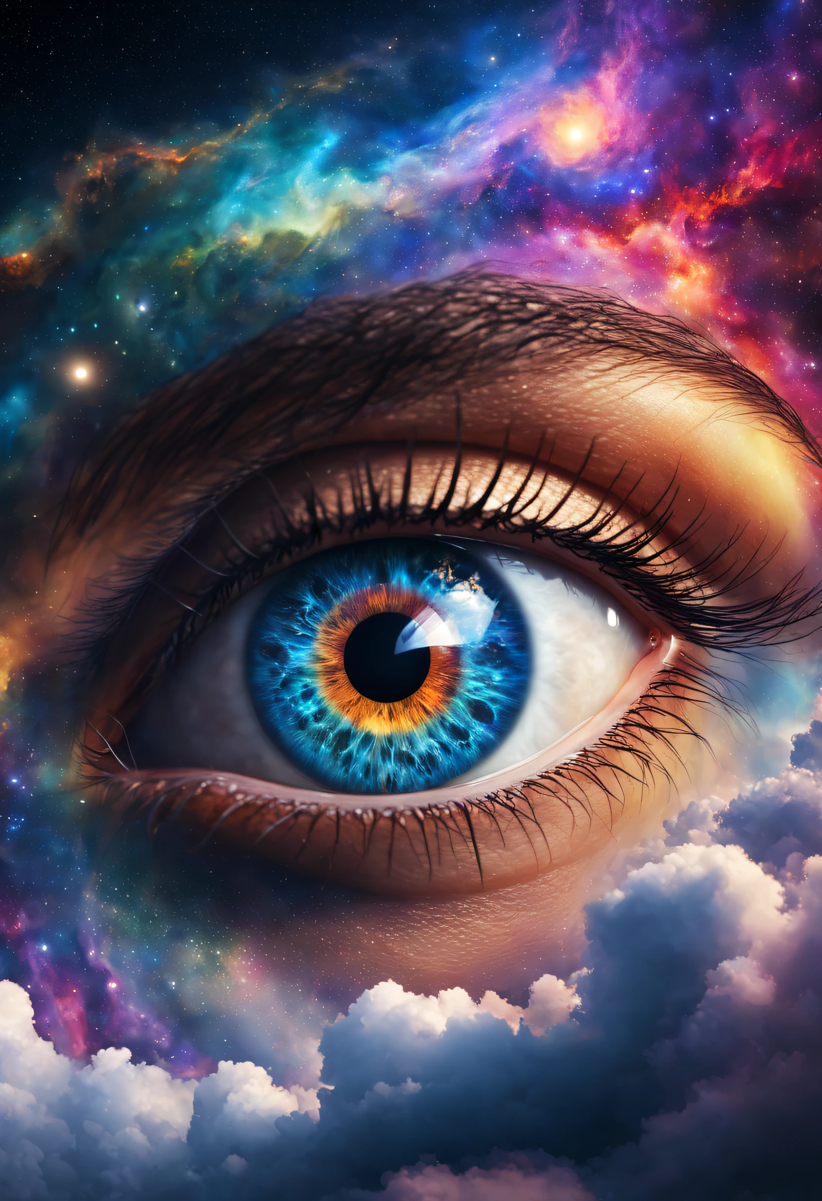 (Solo) Incredibly spectacular clouds,A huge eye,Portrait of a mystical giant eye, the eye of the universe, The Eye of God, mystic eye, eyelash,eyeballs,collofull eyes,Emergency scene in a cosmic cloud, Fractal Nebula Chain, cosmic, Celestial, cosmic, A vibrant and vivid entity, whirly, Spinning, unreal, High contrast, Symbolism, magical, mistic, mistic, Hyper-realistic, Supersaturation, Colorful, 8K