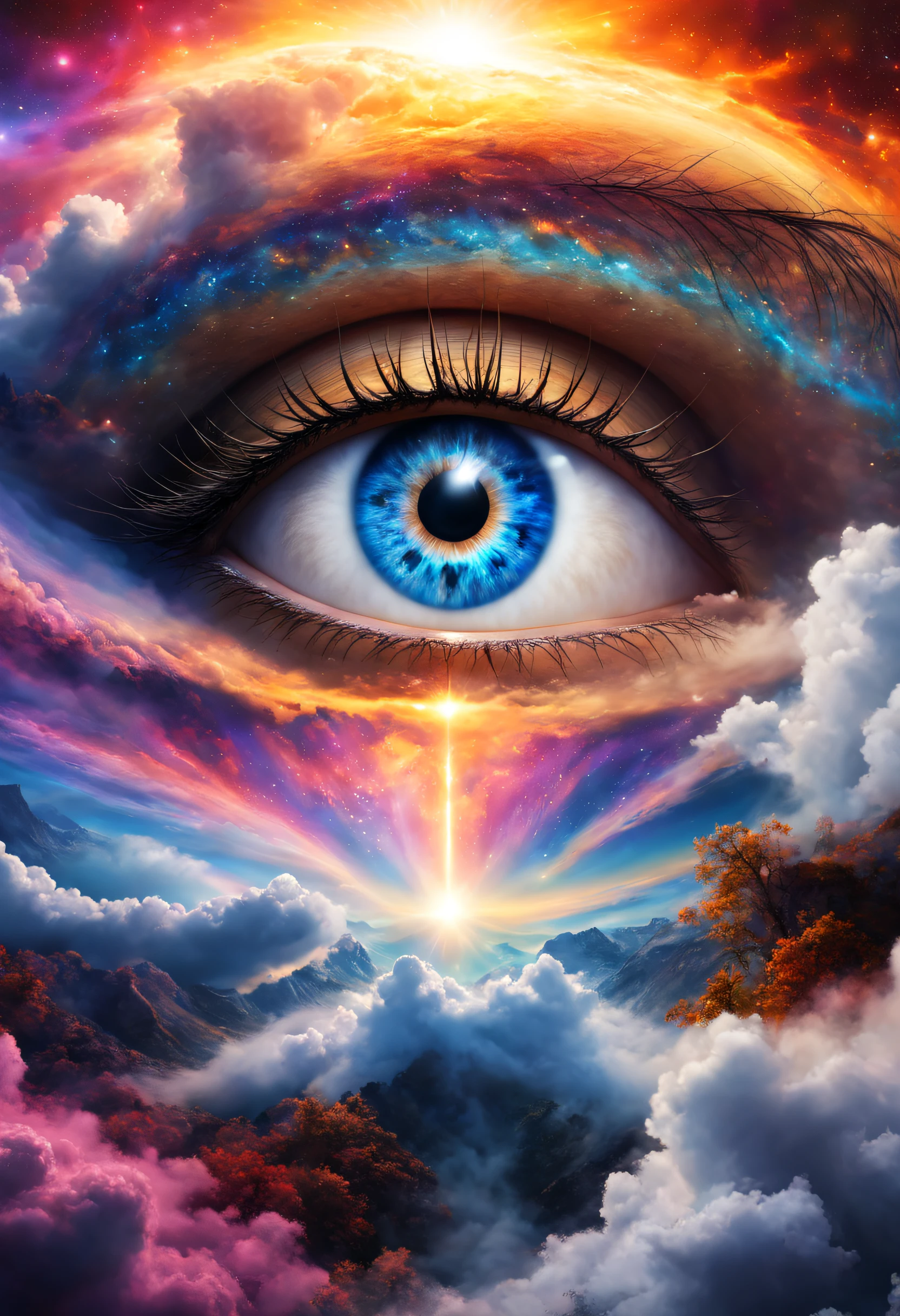 (Solo) Incredibly spectacular clouds，A huge eye，Portrait of a mystical giant eye, the eye of the universe, The Eye of God, mystic eye, eyelash，eyeballs，collofull eyes，Emergency scene in a cosmic cloud, Fractal Nebula Chain, cosmic, Celestial, cosmic, A vibrant and vivid entity, whirly, Spinning, unreal, High contrast, Symbolism, magical, mistic, mistic, Hyper-realistic, Supersaturation, Colorful, 8K