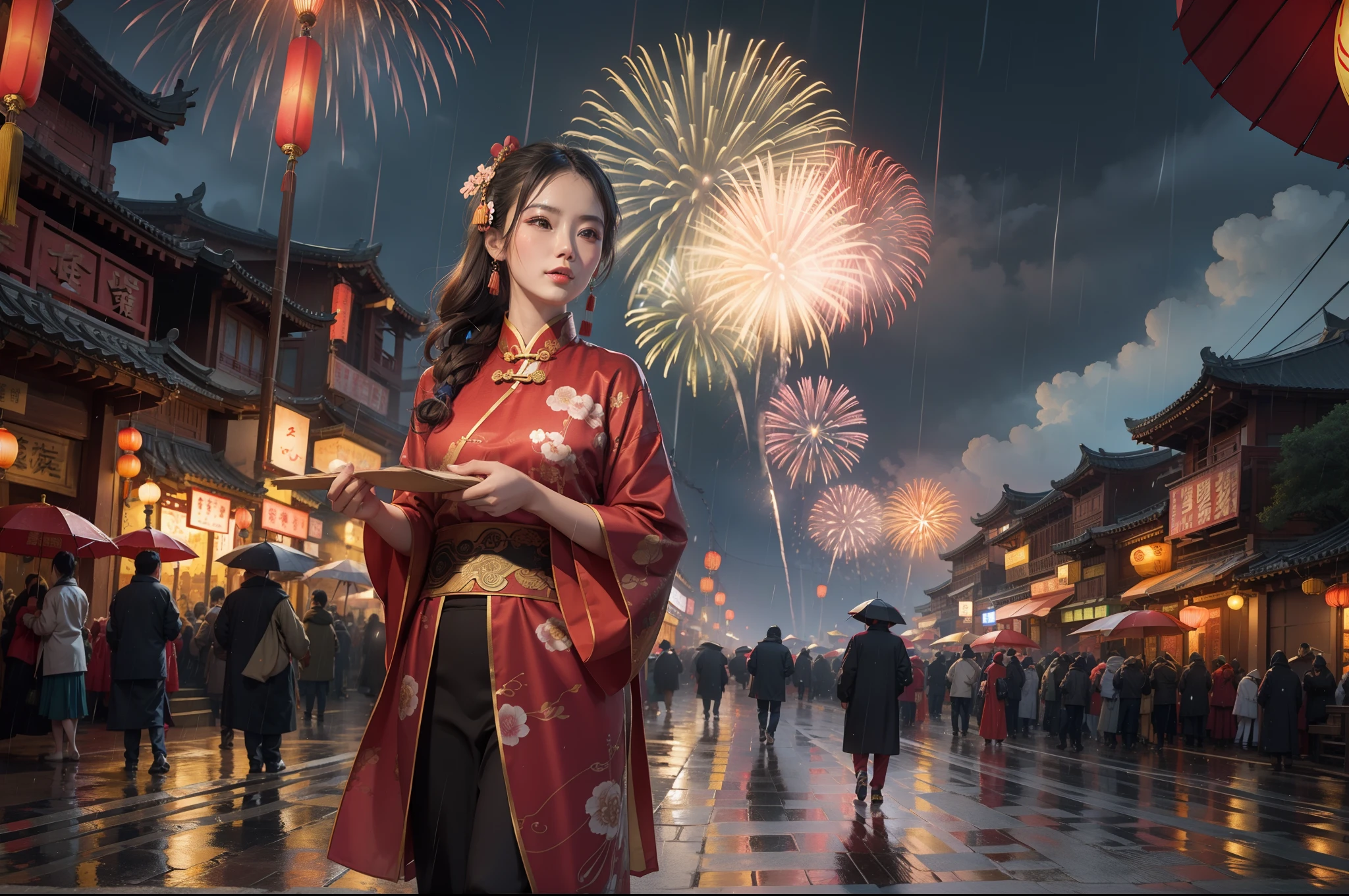 Bright fireworks on the sky, ancient Chinese city, New Year festival, rainy night, highly detailed, photorealistic, long shot.