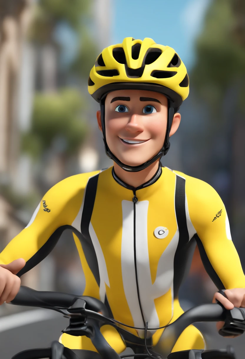 Cartoon character of a man 30 years old, smiling in yellow fluo tight cycling suit, cycling shorts and white cycling helmet, case name written on the lid, case name written on the white bone giving cool, animation character with blue eyes, black hair , Stylized character, animation style rendering, 3D stylized , Arnold Maya render, 3 d stylized render, toon render keyshot, 3D Character, 3D Character, 3d rendering stylized, 3 d character render, cartoon character, Close up character , Character pose, (Pixar style) (master part :1.2) (Bokeh) (best quality) (detailed skin) (detailed texture) (8k) (clay) (Cinematic lighting) (sharp