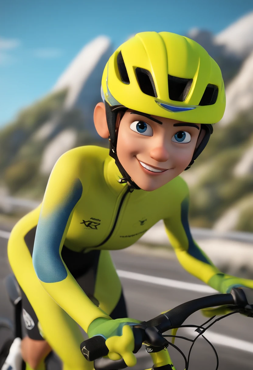 Cartoon character of a man 30 years old, smiling in yellow fluo tight cycling suit, cycling shorts and white cycling helmet, case name written on the lid, case name written on the white bone giving cool, animation character with blue eyes, black hair , Stylized character, animation style rendering, 3D stylized , Arnold Maya render, 3 d stylized render, toon render keyshot, 3D Character, 3D Character, 3d rendering stylized, 3 d character render, cartoon character, Close up character , Character pose, (Pixar style) (master part :1.2) (Bokeh) (best quality) (detailed skin) (detailed texture) (8k) (clay) (Cinematic lighting) (sharp