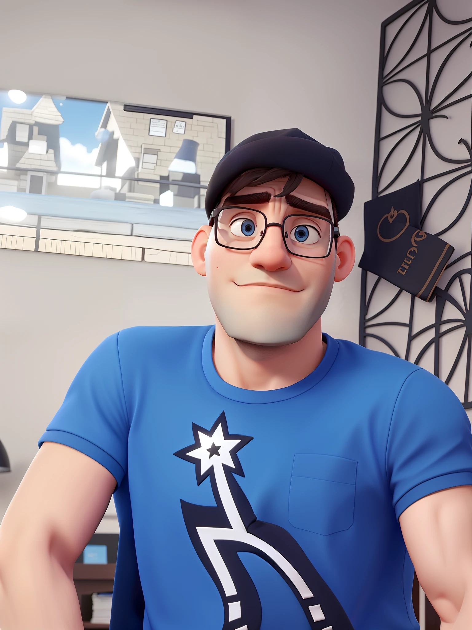 A serious man with glasses, Dark hat and blue shirt