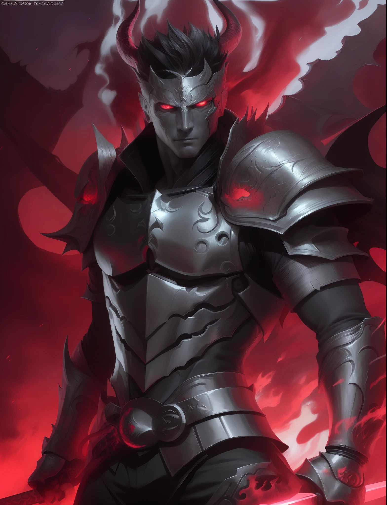 a close up of a man in armor holding a sword, by Yang J, epic fantasy digital art style, demon male, human male demon, epic fantasy art style hd, demon armor, dark fantasy style art, epic fantasy art style, dark fantasy character design, black fire color reflected armor, handsome guy in demon slayer art, lord of cinder