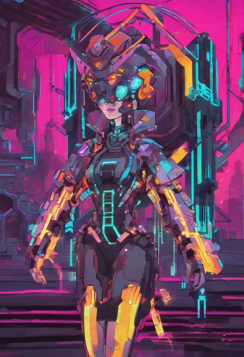(Female protogen),Cyberpunk,Mechanicalgirl,olhos brilhantes,metallic surface,display digital,Advanced technology,Futuristic,neon lights,electromagnetic field,bordas afiadas,Design simplificado,organismo digital,Biomechanicals,Atmosfera misteriosa,viseira de vidro,sentidos aprimorados,energetic pose,invisible circuits,holographic projections,fios coloridos,female cyborg