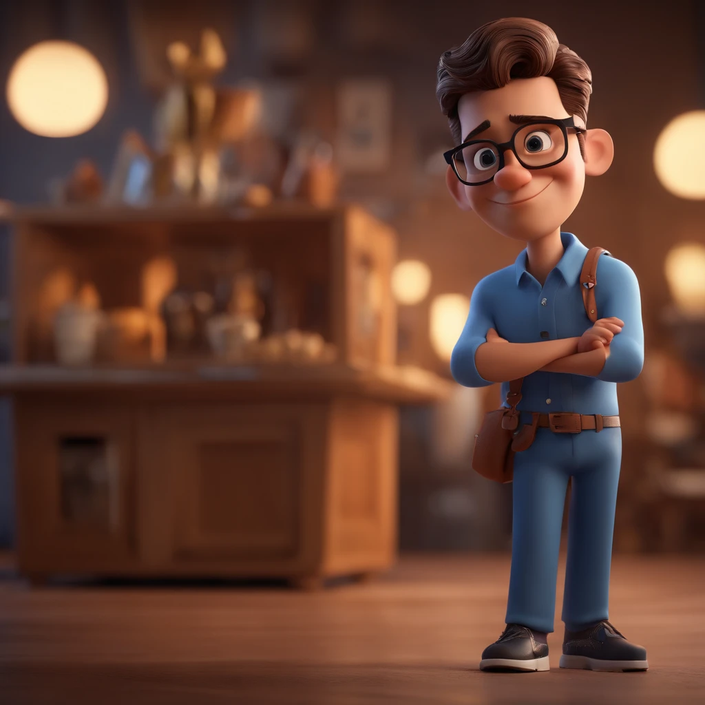 Cartoon character of a man with black glasses and a blue shirt, animation character, Caractere estilizado, animation style rendering, 3D estilizado, Arnold Maya render, 3 d render stylized, toon render keyshot, Personagem 3D, Personagem 3D, 3d rendering stylized, 3 d character render, personagem de desenho animado, Personagem de close up, Pose de personagem, (Estilo Pixar) (master part:1.2) (Bokeh) (best quality) (pele detalhada) (textura detalhada) (8k) (argila) (Cinematic lighting) (foco nítido