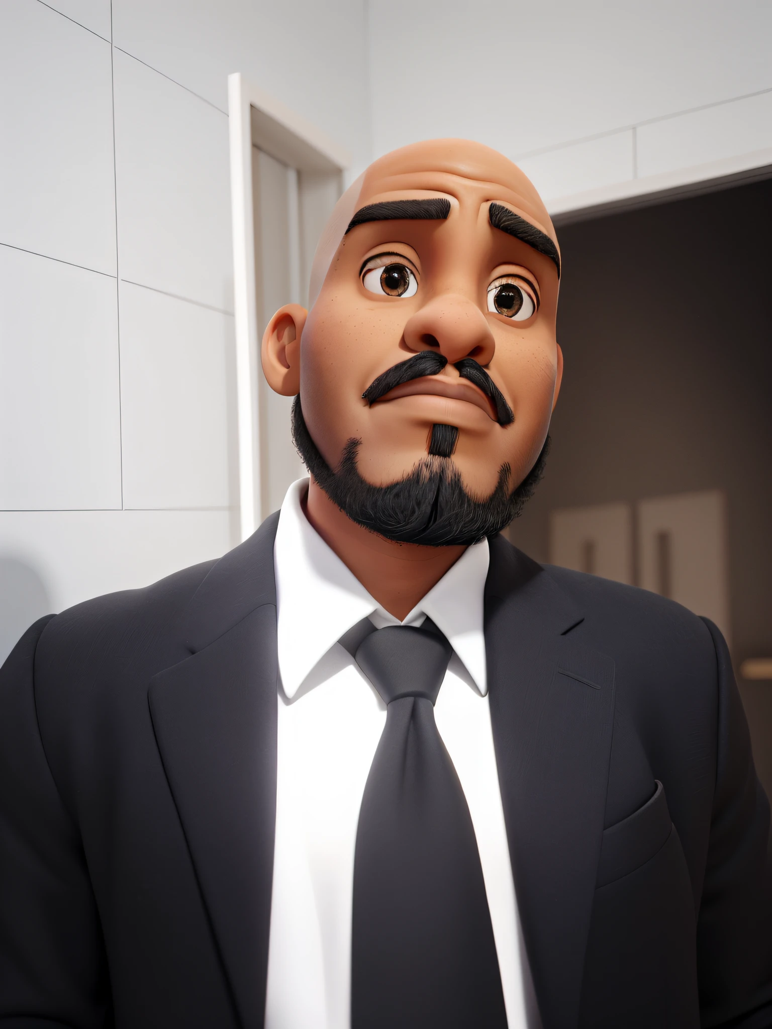 homem negro, bald spot without glasses, 25 anos, brasileiro, from the northeast of Paraíba, sem cabelo, usa uma jaqueta preta com camisa branca e gravata preta, tem uma barba grisalha, olhando para a esquerda, with a closed expression , olhos negros e boca fechada, Serious bald head, Situated in a house with normal lighting, Behind the scenes is a white ceramic wall, do lado direito uma porta. Quando aberto, Ambient light is bright