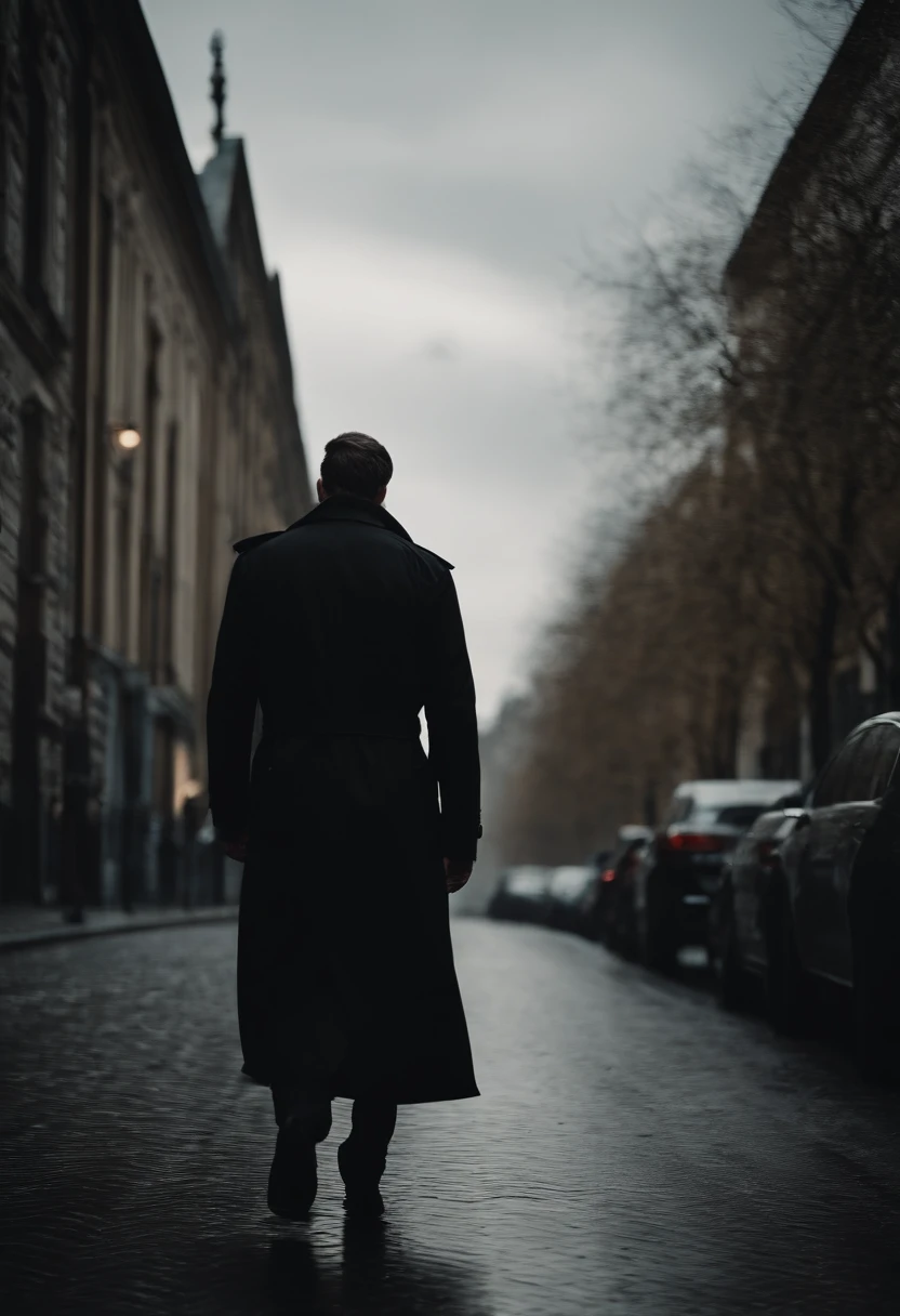 Dark style，A man in a black trench coat walks down the street