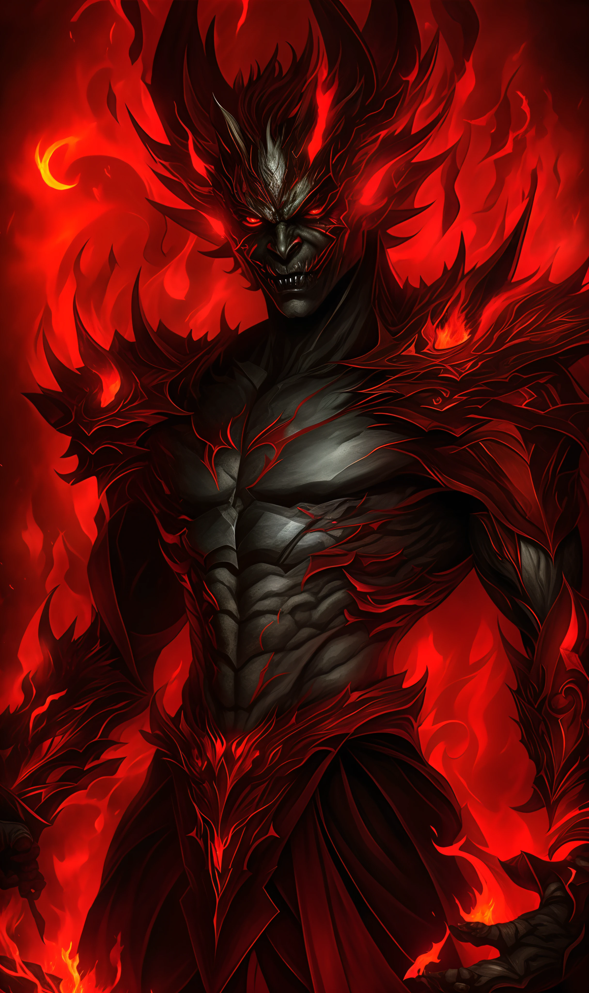 a close up of a demonic looking man with red flames, demon male, djinn man male demon, human male demon, ruler of inferno, demon soul concept art, male djinn man demon hybrid, man male demon, portrait of hades, obsidian skin, demon lord, red demon armor, infernal enigma, muscled humanoid balrog demon
