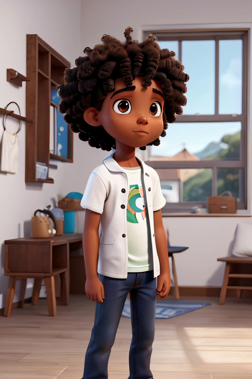um garoto muito jovem ,Oliver, 2nd year.o , afro-americano, short hair, Vista frontal sentado na cama, Looking at camera, cabelos pretos, Foto RAW,((Camisa Preta:1.2)), ((retrato)),Afro-descendente, Use uma boina, cabelo estilo militar, Slim and slightly athletic body, Wear white round-necked clothing, olhos castanhos, olhos perfeitos, ((fundo branco:1.2)), studio lighting, alta qualidade, filmic grain, Fujifilm XT3, Centralizado