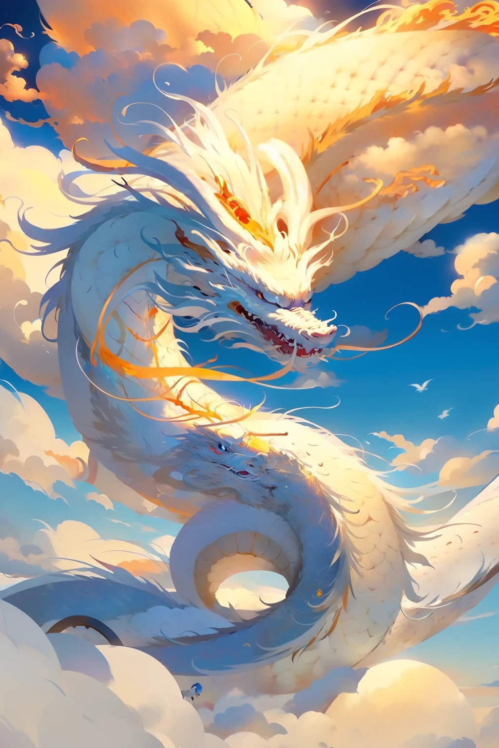 White Dragon，on clouds，Fire and sun on background、Golden Dragon、Silver Dragon、Shenmue Longhui、Gentle