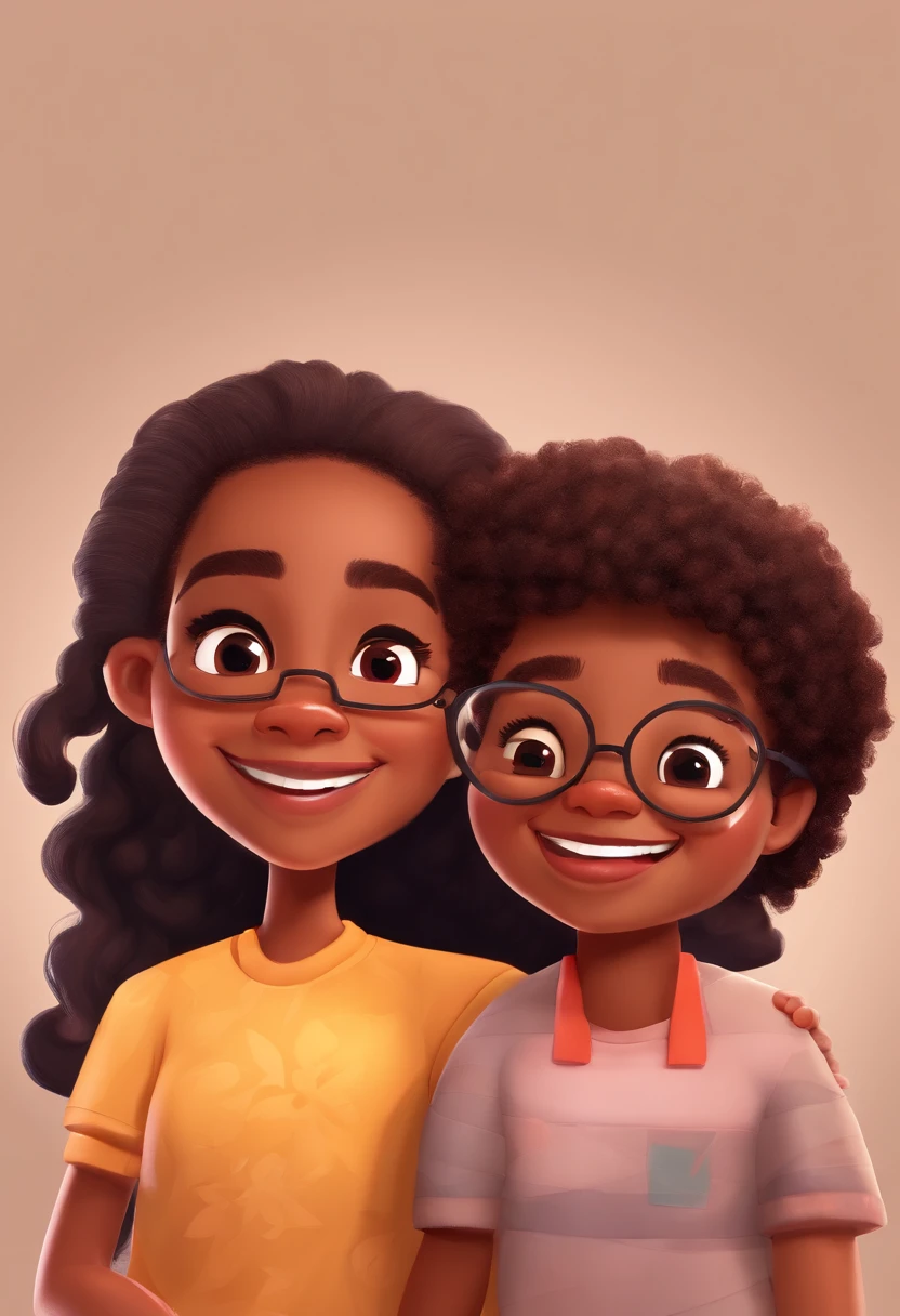 An illustration of a black mulatto black couple the color of dark chocolate, adorable with daughter on her lap, Highlight for a smiling man and a mulatto woman with beautiful expressive eyes - the man's skin is mulatto and the man has no hair, he is bald, Head with a half-oval shape and stubble, The woman's skin is black and the woman's hair is curly and long and black she wears glasses, tem o formato do rosto mais a redondado, The infant is an 8-month-old girl, has mulatto skin color, short and curly hair and has a round, kind of oval face shape. Everybody's in one room, cada um com um sorriso no rosto, e compartilhar um momento especial caracterizado pelo amor, Insights. Illustrate this scene from a perspective where they are facing the camera, Smiling and Showing Your Connection. Desenvolva esta arte em Full HD, Focus on your cinematic touch, Estilo Disney Pixar Animations