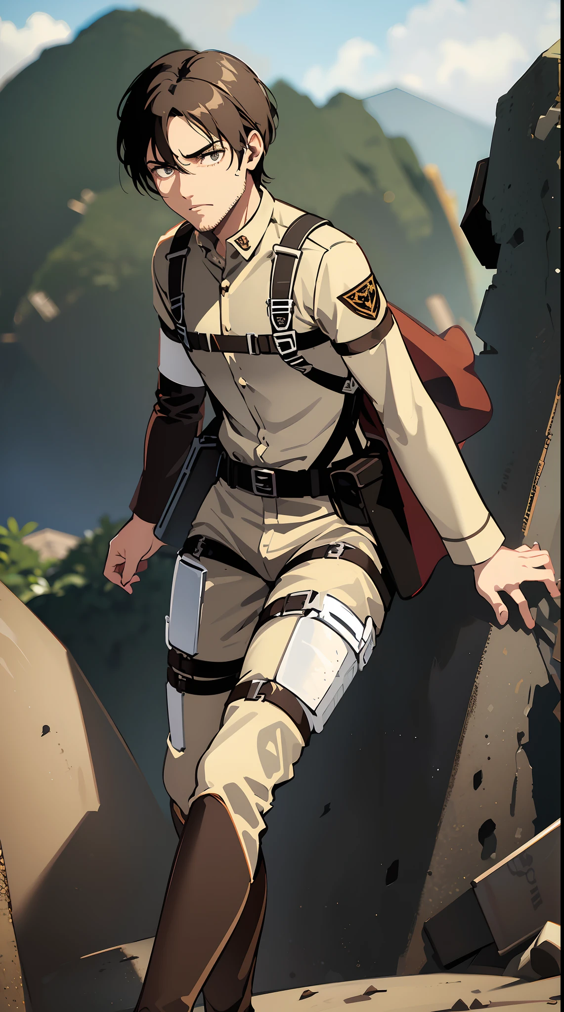 Attack on Titan, Boy with black wair with side parted short hairstyle, hair down, little fringe. And The short boxed beard. Attack on Titan style. Wearing white button up collared shirt, a dark brown fitted white pants, knee-high boots of the same color as the waist skirt, and a light brown colored high waist jacket. The uniform also comes with a green cape with a hood that also encompasses the Survey Corps logo on the back. Soldiers in this branch have a maneuver gear box which is strapped onto their waist area with harnesses along the chest and legs area.