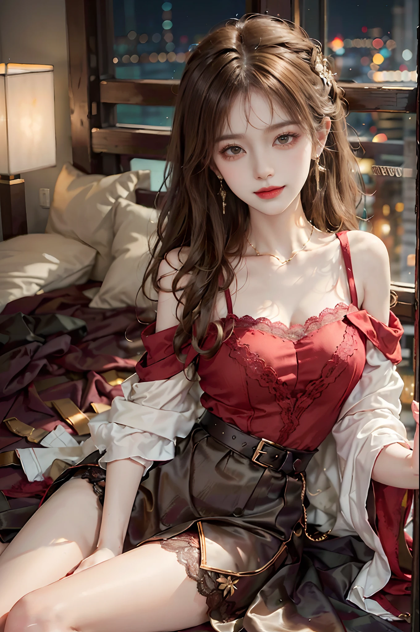 ((upper body)), ((Lie sideways on the bed)), ((Presented from a bird's eye view)), Asian female model, A young girl, posing elegantly, the night, lamplight, posing elegantly, Detailed scenes, Long messy hair, Brownish-yellow hair, light make-up, Blushlush, pretty legs, ((off shoulder clothes)), ((Long red lace dress, high-waist, Delicate belt)), ((red colour)), ((warm lights, a warm color palette)), (Extremely high color saturation), Detailed details, ultra-detailliert, (tmasterpiece, best qualtiy), (An extremely delicate and beautiful work), Delicate earrings, Delicate necklace, Simple blurred background, Extreme detail description, Ultra-fine painting, Delicate face, slim toned body, Slimming the waist, (ssmile), (anatomy correct)