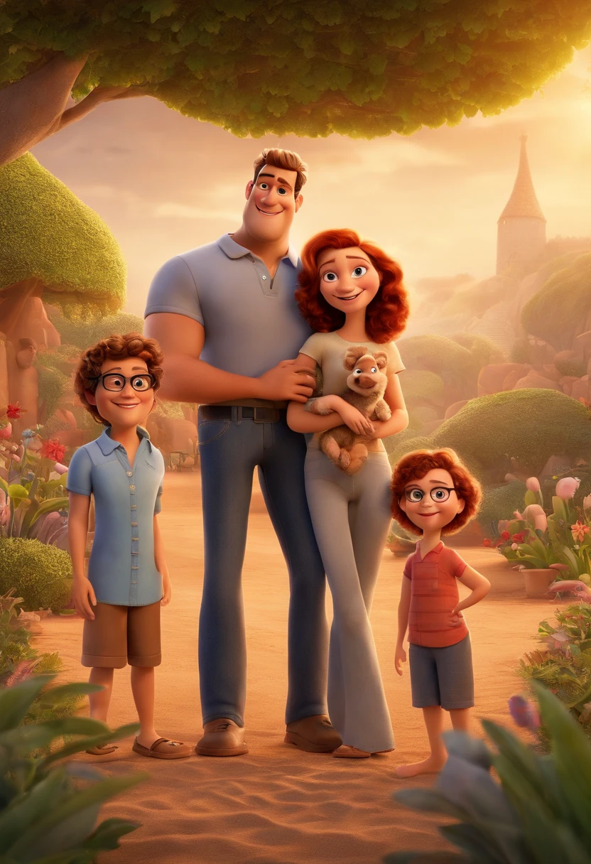 a Disney Pixar movie poster showing a white-skinned family. The father is the tallest, Tem barba curta, careca, usa oculos quadrados azul. Mom has brown eyes, red hair, shoulder-length and is slightly overweight. O tem 9 anos e cabelos castanhos, Soccer ClothingThe background is a beach garden. 3D-rendering