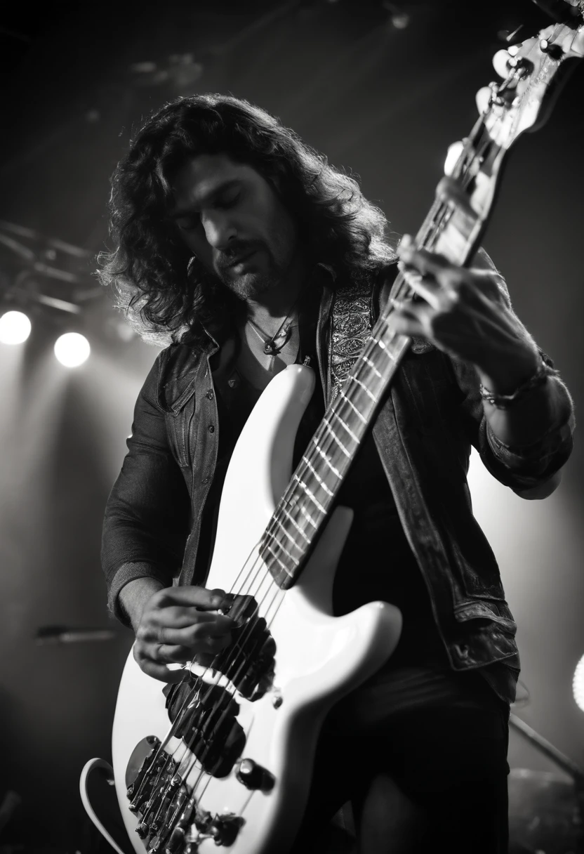 Um homem de 35 anos, moreno, cabelo curto social encaracolado, playing electric bass on a concert stage, vestindo jeans e camisa
