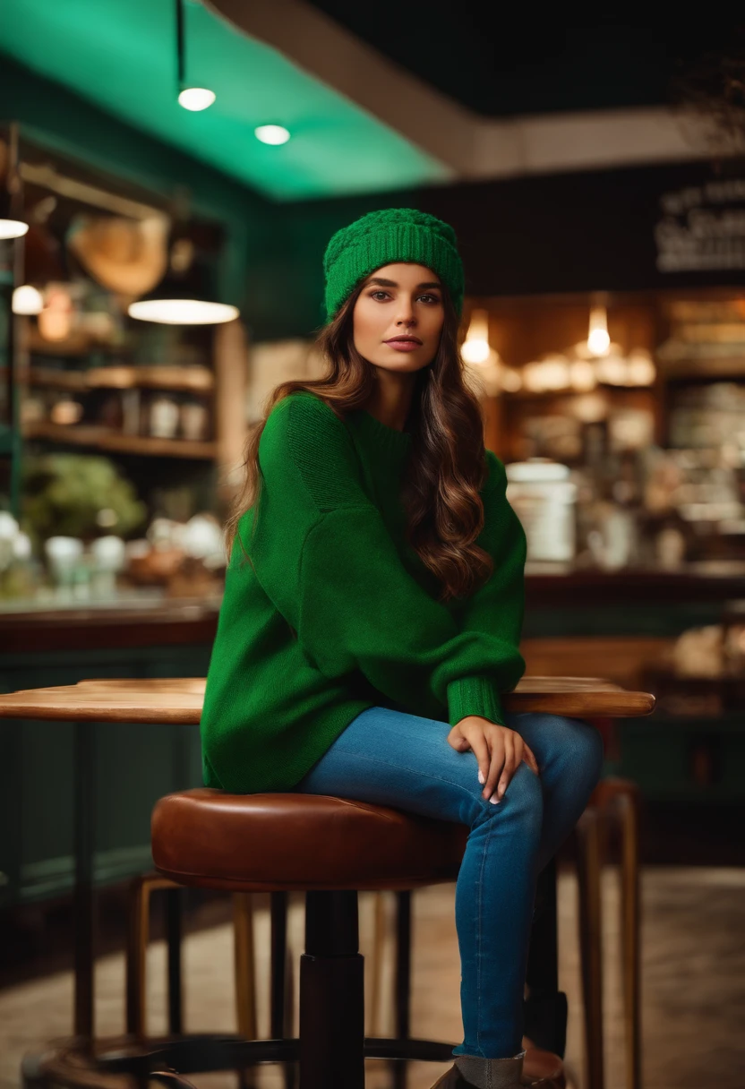 1girl, sozinho, coffee shop, cabelos verdes, gorro, sweater, jeans, sentado na cadeira, dynamic pose, dentro,