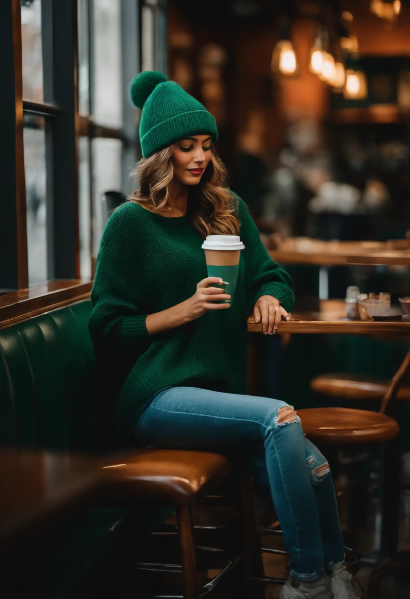 1girl, sozinho, coffee shop, cabelos verdes, gorro, sweater, jeans, sentado na cadeira, dynamic pose, dentro,
