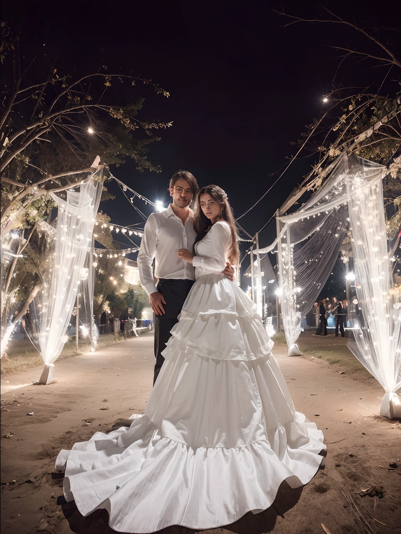 wedding, Long dress with train, A girl of European appearance, Long hair of a girl, Hair below the waist, Long veil, transparent knee-length veil, Aged man, A man's gray hair, white long-sleeved shirt, Formal white shirt, couple, Wedding photo, Photo Enhancement, foto realista, beste-Qualit, 4K Quality