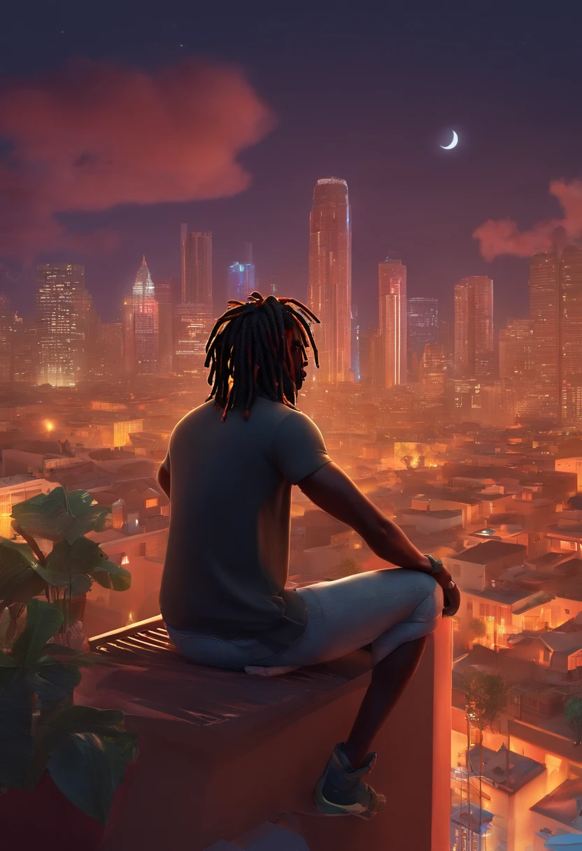Make a black man with dreadlocks on the roof of a building at night looking at the city with his cat. Pixar style poster
