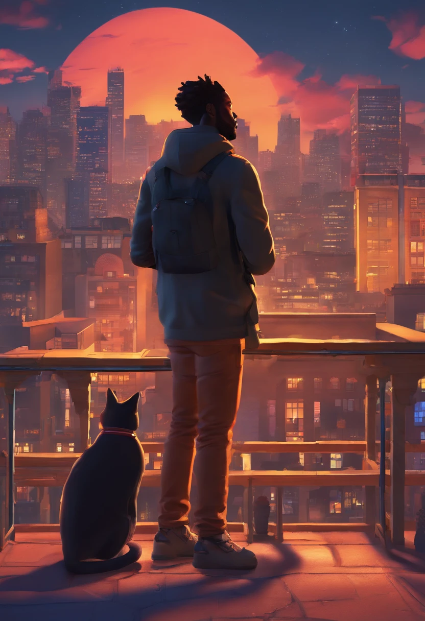 Make a black man with dreadlocks on the roof of a building at night looking at the city with his cat. Pixar style poster