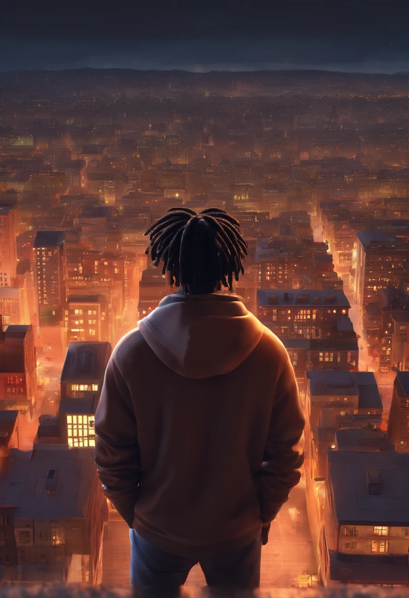 Make a black man with dreadlocks on the roof of a building at night looking at the city with his cat. Pixar style poster