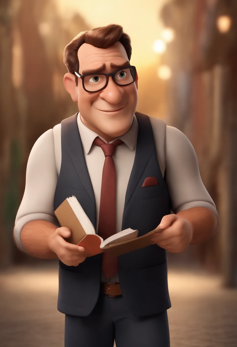 Create an image of a 46-year-old politician, sorrindo, sendo musculoso. Na imagem o homem deve estar segurando livros. o estilo da imagem deve ser ser pixar- disney 3 d. Caractere estilizado, animation style rendering, 3D estilizado, Arnold Maya render, 3 d render stylized, toon render keyshot, Personagem 3D, Personagem 3D, 3d rendering stylized, 3 d character render, personagem de desenho animado, Personagem de close up, Pose de personagem,  (Estilo Pixar) (master part:1.2) (Bokeh) (best quality) (pele detalhada) (textura detalhada) (8k) (argila) (Cinematic lighting) (foco nítido