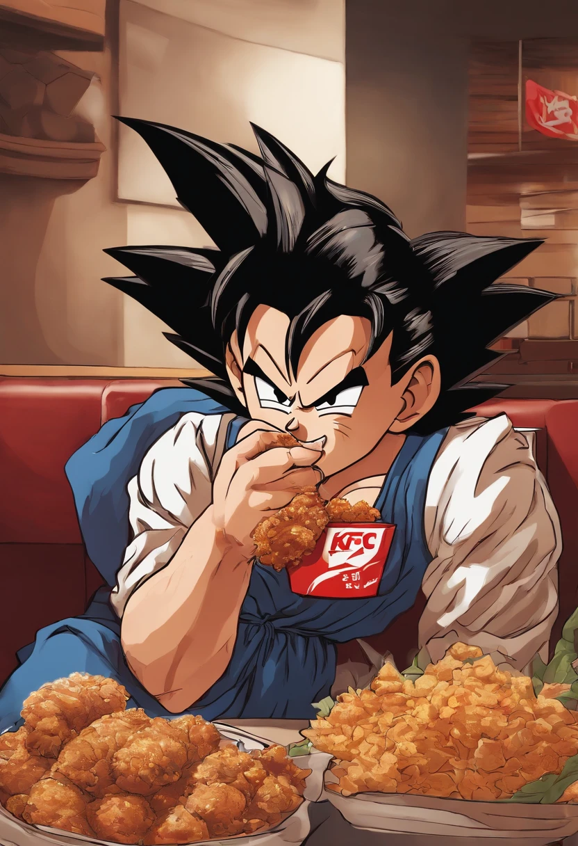 masterpiece, best quality, cashier, pov, indoors, restaurant, holding money, holding smoothie, hot dog, upper body, wide shot, employee uniform, son goku, armor, black hair, dutch angle,