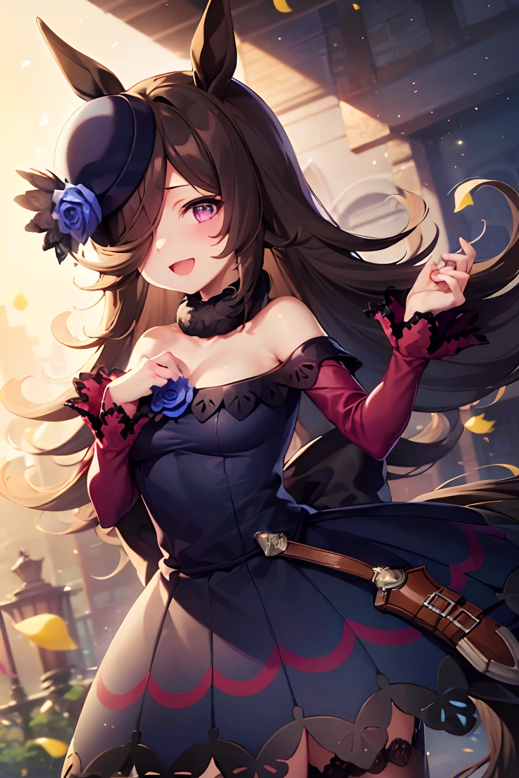 ((Tabletop, highest quality, High resolution, , Pixel Perfect, 4K, ))), Beautiful woman,, alone, beauty、The whole body is visible、 (((Sexy Witch Cosplay), Long dark blonde wavy hair、Off-the-shoulder jacket, Dark blue flared skirt、Witch Hat、, bangs, )), ((Brown eyes, Beautiful eyelashes, Realistic eyes)), ((Detailed face, Blushing:1.2)), ((Smooth texture:0.75, Realistic texture:0.65, Realistic:1.1, Anime CG Style)), Center of chest, Dynamic Angle, Perfect body, ((,)), Leaning forward、、、Very embarrassing panic smile, 、Castle Town Square、(The wind flipped up her skirt, Pink lace panties are in full view、、、、、)、Angle from below