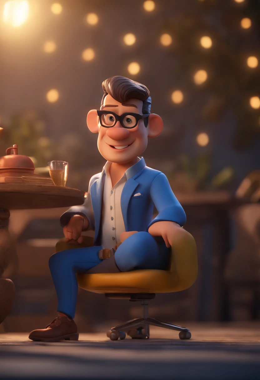 Cartoon character of a man wearing black glasses and a blue shirt, um personagem animado, Caractere estilizado, animation style rendering, 3D estilizado, Arnold Maya render, 3 d render stylized, toon render keyshot, Personagem 3D, Personagem 3D, 3d rendering stylized, 3 d character render, personagem de desenho animado, Personagem de close up, Pose de personagem, (Estilo Pixar) (master part:1.2) (Bokeh) (best quality) (pele detalhada) (textura detalhada) (8k) (argila) (Cinematic lighting) (foco nítido,Senta e vaza a parte superior do corpo