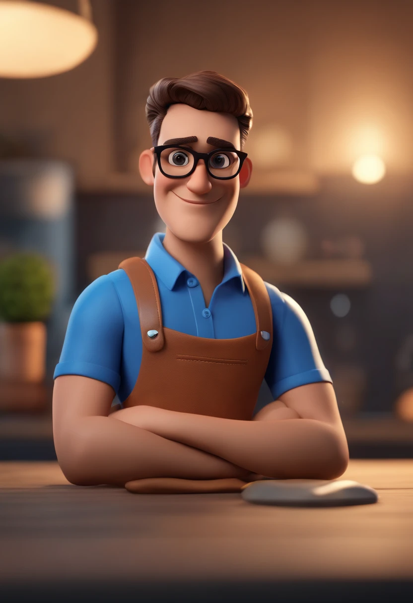 Cartoon character of a man wearing black glasses and a blue shirt, um personagem animado, Caractere estilizado, animation style rendering, 3D estilizado, Arnold Maya render, 3 d render stylized, toon render keyshot, Personagem 3D, Personagem 3D, 3d rendering stylized, 3 d character render, personagem de desenho animado, Personagem de close up, Pose de personagem, (Estilo Pixar) (master part:1.2) (Bokeh) (best quality) (pele detalhada) (textura detalhada) (8k) (argila) (Cinematic lighting) (foco nítido，Senta e vaza a parte superior do corpo