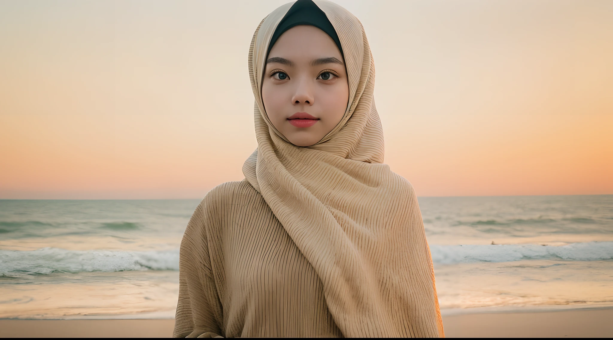 Create a cinematic film still of a Malay girl in hijab standing on a picturesque beach during sunset. Use a warm color palette and a medium telephoto lens to capture the serene beauty of the moment, style raw, pastel color grading, Super 8mm lense, Extreme close-up, Deep Focus cinematography effect,high quality,