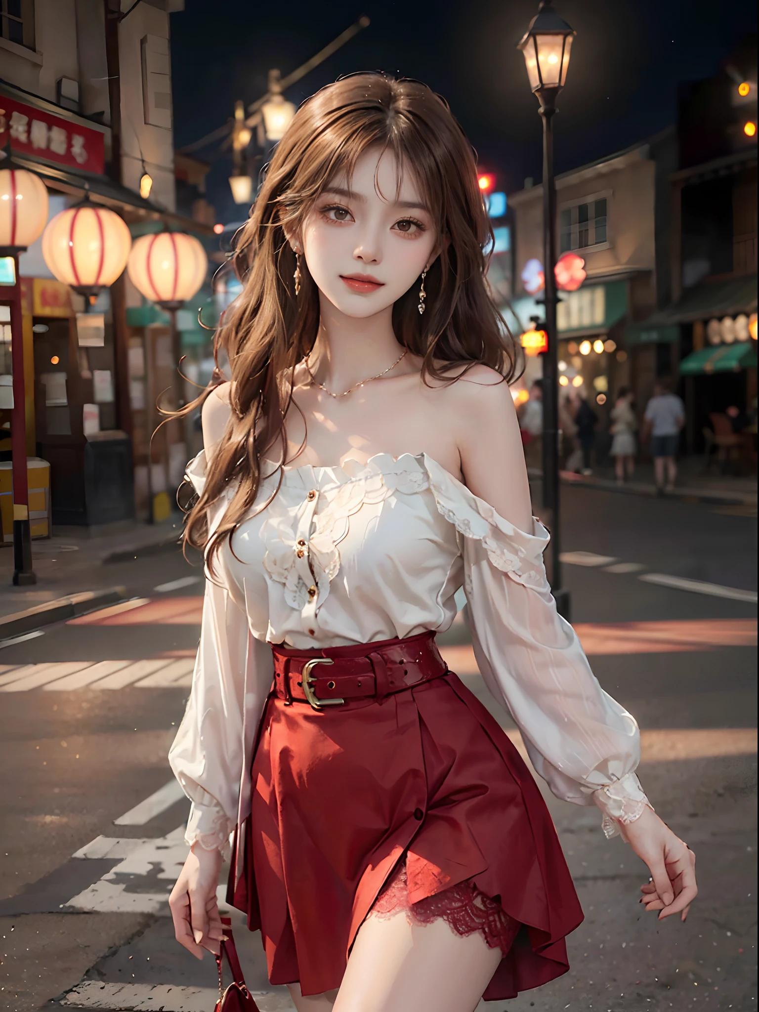 ((upper body)), streetview, Street photography, Asian female model, A young girl, posing elegantly, the night, lamplight, posing elegantly, Detailed scenes, Long messy hair, Brownish-yellow hair, light make-up, Blushlush, pretty legs, ((off shoulder clothes)), ((Red lace shirt, black short skirt, high-waist, Delicate belt)), ((red colour)), ((warm lights, a warm color palette)), (Extremely high color saturation), Detailed details, ultra-detailliert, (tmasterpiece, best qualtiy), (An extremely delicate and beautiful work), Delicate earrings, Delicate necklace, Simple blurred background, Extreme detail description, Ultra-fine painting, Delicate face, slim toned body, Slimming the waist, (ssmile), (anatomy correct)