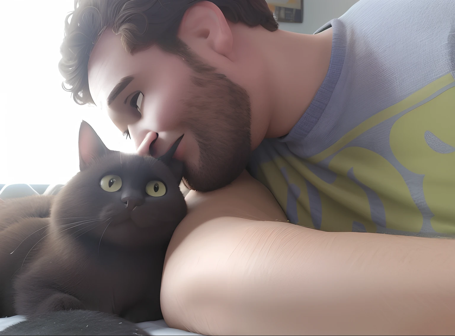 Araffe and a man hugs a cat on a bed, com gato pequeno no colo, foto do perfil, Afagam, homem gato, foto de perfil 1024px, Tomado com Sony Alpha 9, repousando no peito, segurando um gato, !!!! Gato!!!!, imagem de perfil, imagem de qualidade muito baixa, sobre o ombro, lovingly looking at camera