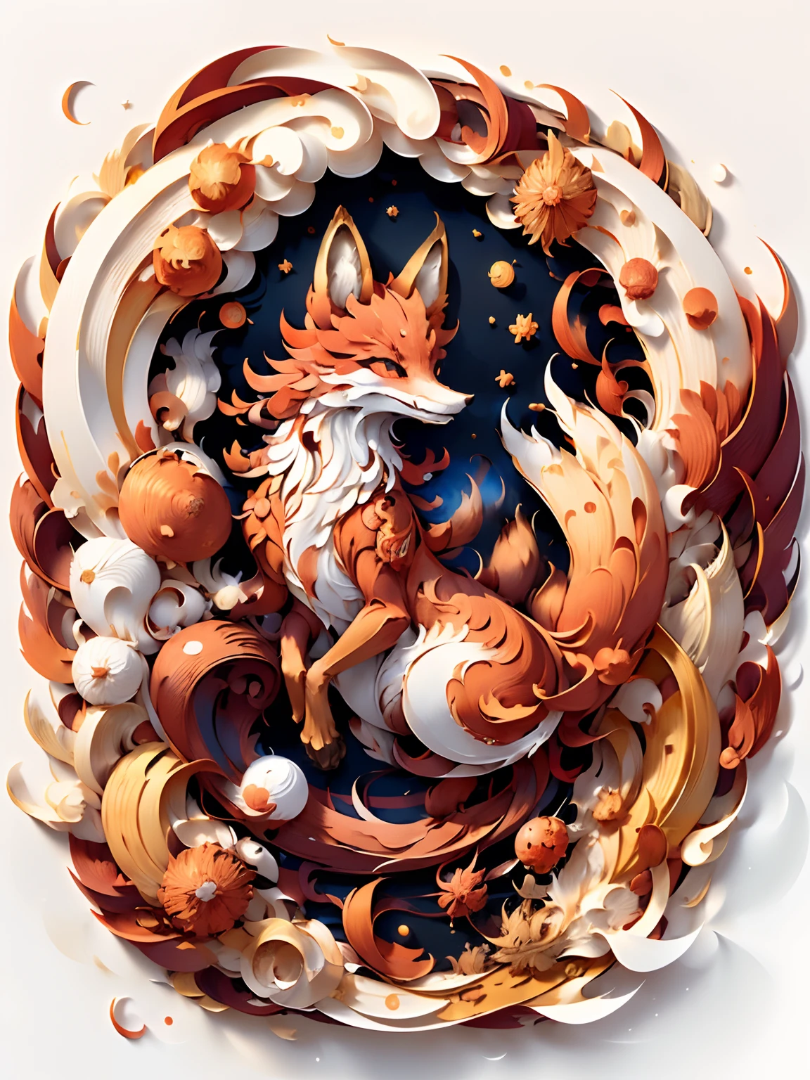 (((masutepiece))),Best Quality, Illustration, fire, ocean, white fox、the Nine-Tailed Fox, Chinese Palace, cloud, Star \(symbol\), paper_cut, (White background:1.1)