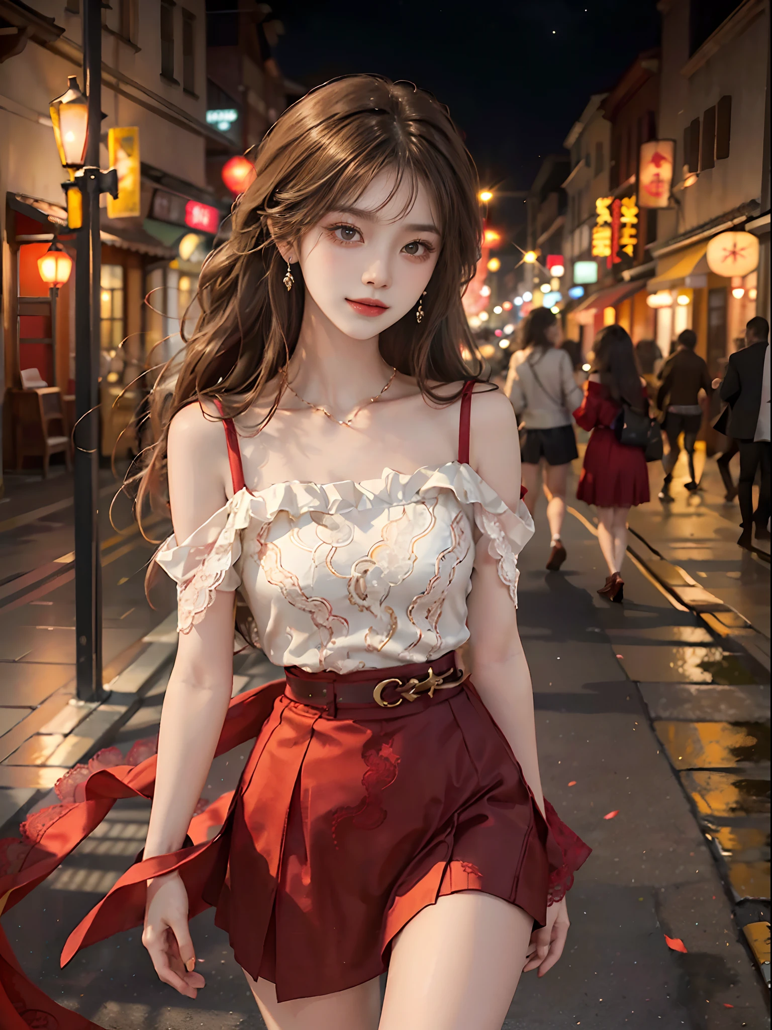 ((upper body)), streetview, Street photography, Asian female model, A young girl, posing elegantly, the night, lamplight, posing elegantly, Detailed scenes, Long messy hair, Brownish-yellow hair, light make-up, Blushlush, pretty legs, ((off shoulder clothes)), ((Red lace shirt, black short skirt, high-waist, Delicate belt)), ((red colour)), ((warm lights, a warm color palette)), (Extremely high color saturation), Detailed details, ultra-detailliert, (tmasterpiece, best qualtiy), (An extremely delicate and beautiful work), Delicate earrings, Delicate necklace, Simple blurred background, Extreme detail description, Ultra-fine painting, Delicate face, slim toned body, Slimming the waist, (ssmile), (anatomy correct)